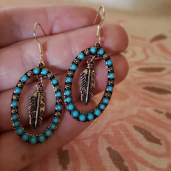 Feather Hoop Earrings. Oval Flower Floral Copper Color Boho Cowgirl Western - Picture 4 of 9